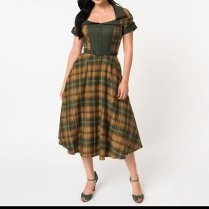 NWOT Voodoo Vixen Green/Mustard Yellow/Brown Tartan A-line Dress